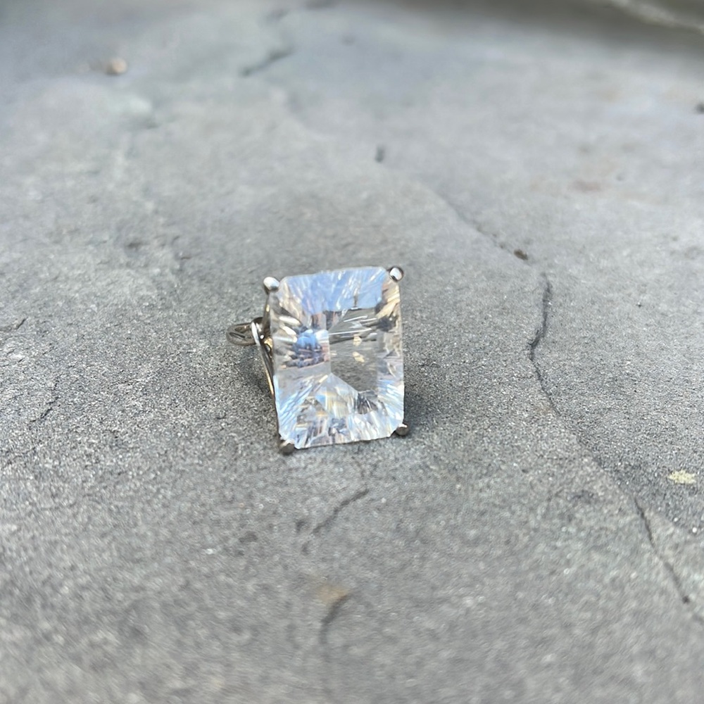 25.12ct Emerald Cut White Topaz Solitaire Sterling Silver Ring Size 6.5